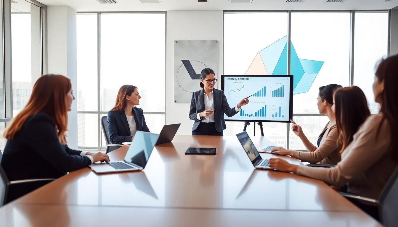 diverse professionals collaborating on data analysis in a modern office.